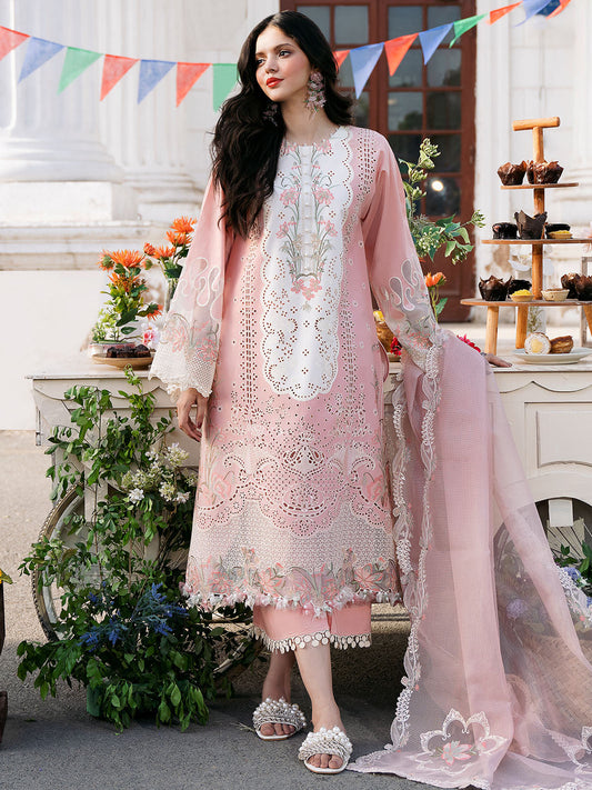3 Piece Embroidered Lawn Shirt with Embroidered Organza Dupatta - 101 - Back