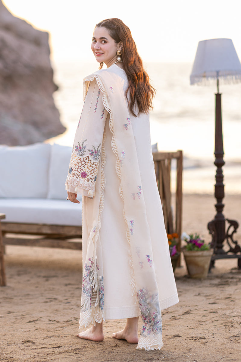 WHITE 3PC LAWN EMBROIDERED SHIRT WITH ORGANZA CUTWORK EMBROIDERED DUPATTA AND TROUSER - 455