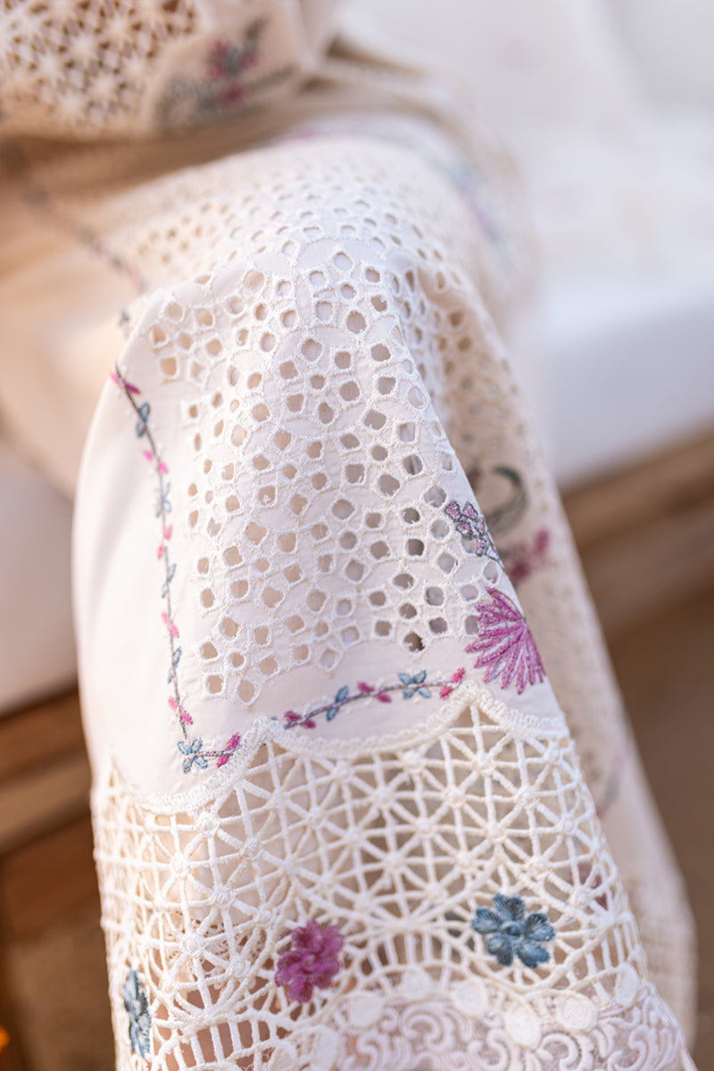 WHITE 3PC LAWN EMBROIDERED SHIRT WITH ORGANZA CUTWORK EMBROIDERED DUPATTA AND TROUSER - 455