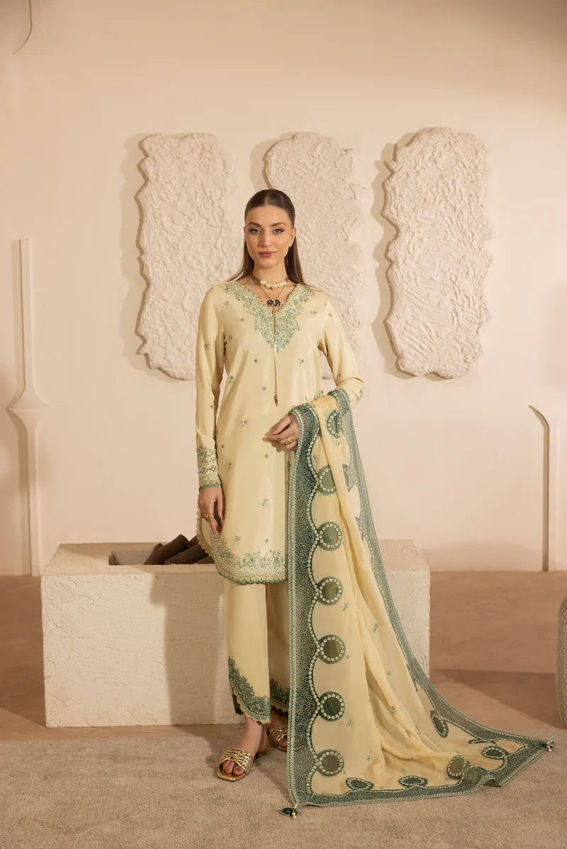 MEHMAL-3PC DHANAK EMBROIDERED SHIRT WITH DHANAK 4 PATI READY TO WEAR DUPATTA-SJ-5167