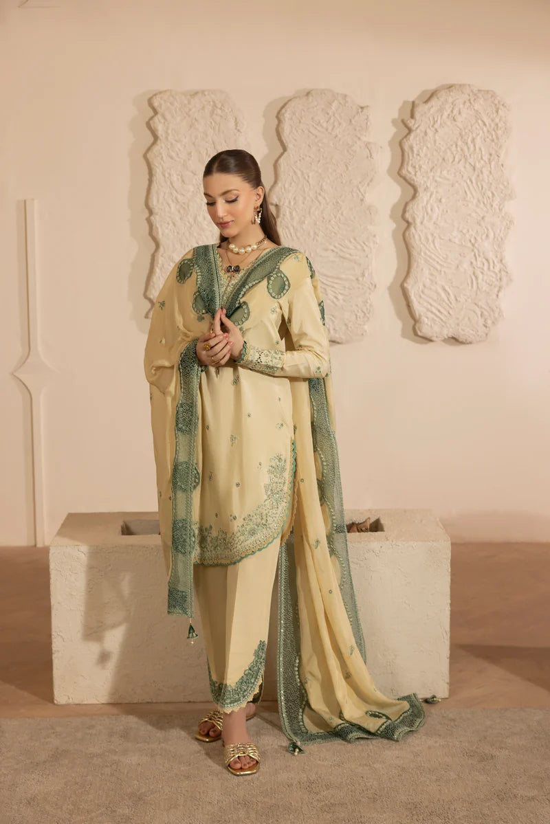MEHMAL-3PC DHANAK EMBROIDERED SHIRT WITH DHANAK 4 PATI READY TO WEAR DUPATTA-SJ-5167
