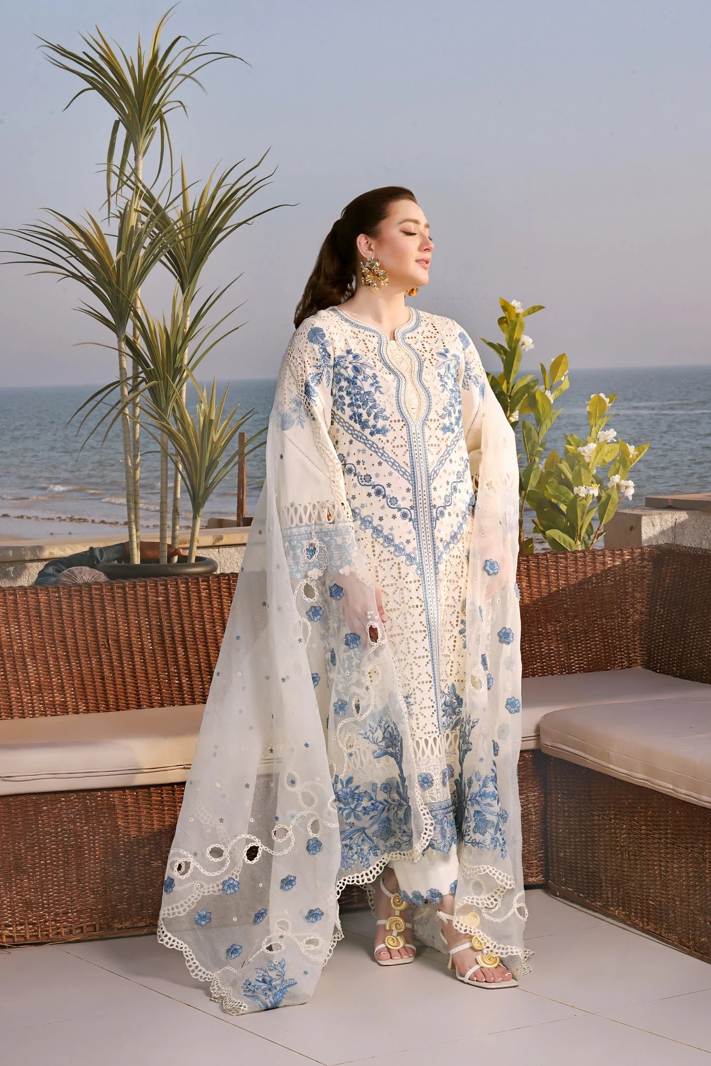 ANEELAS-3PC LAWN EMBROIDERED SHIRT WITH ORGANZA EMBROIDERED DUPATTA AND TROUSER-B-102