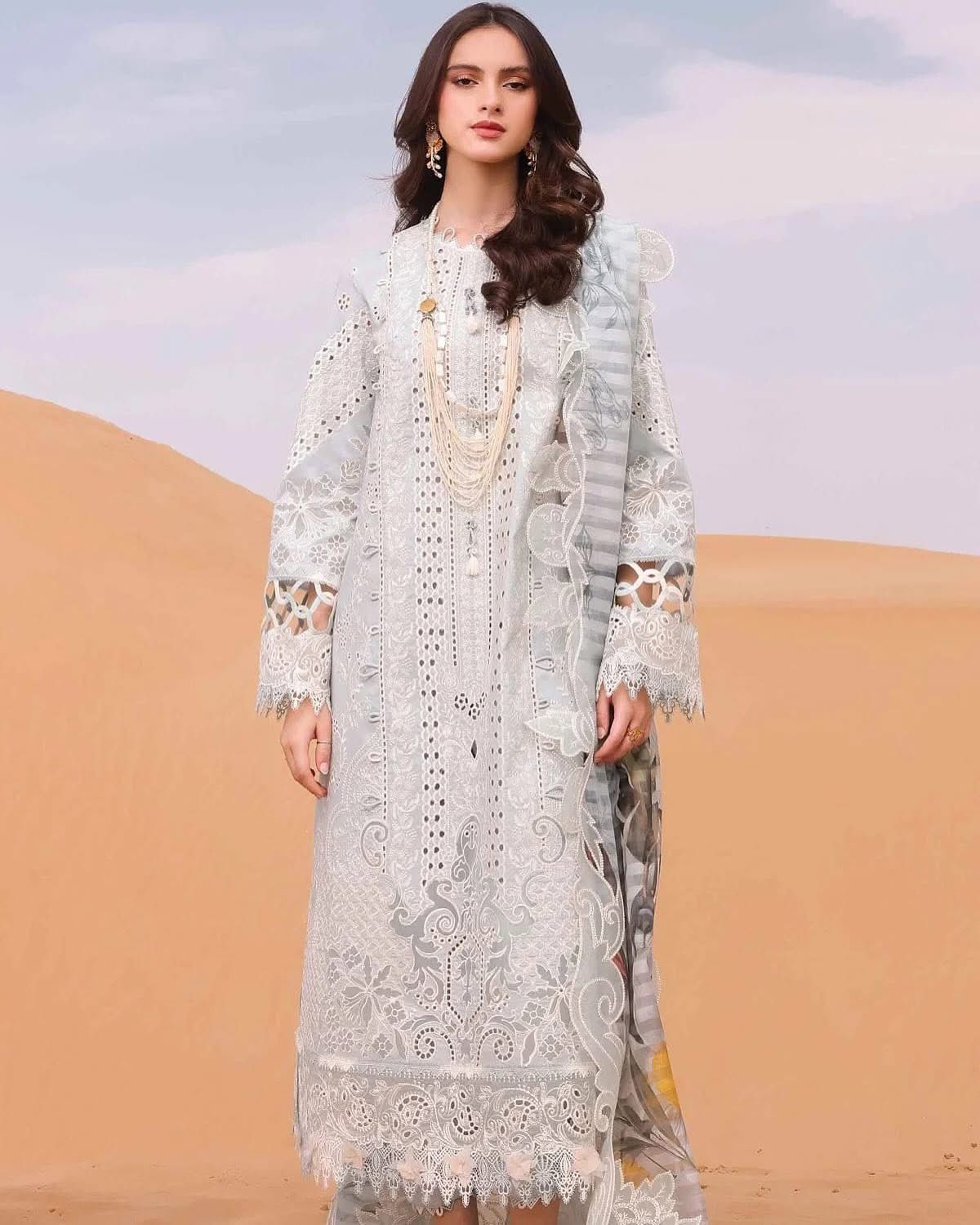QALAMKAR-3PC DHANAK CHIKANKARI LUXURY EMBROIDERED SHIRT WITH WOOL PRINTED SHAWL SJ-2000