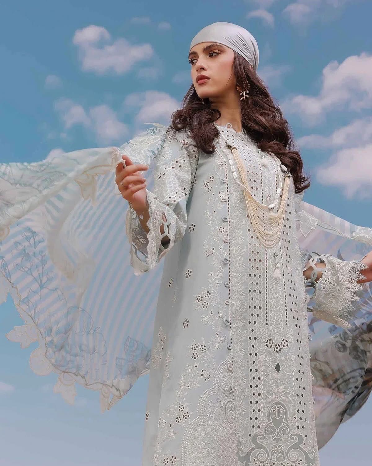QALAMKAR-3PC DHANAK CHIKANKARI LUXURY EMBROIDERED SHIRT WITH WOOL PRINTED SHAWL SJ-2000