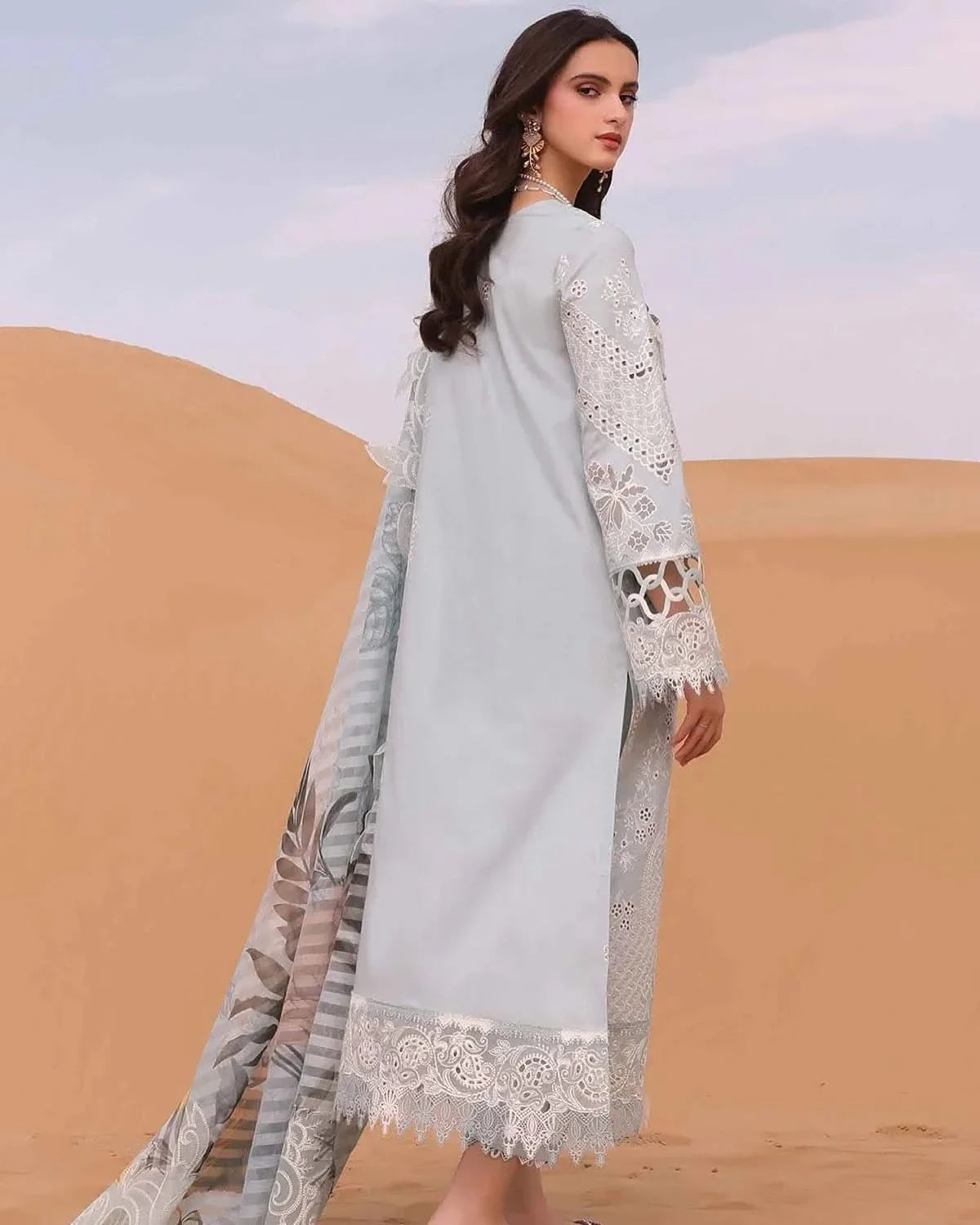 QALAMKAR-3PC DHANAK CHIKANKARI LUXURY EMBROIDERED SHIRT WITH WOOL PRINTED SHAWL SJ-2000
