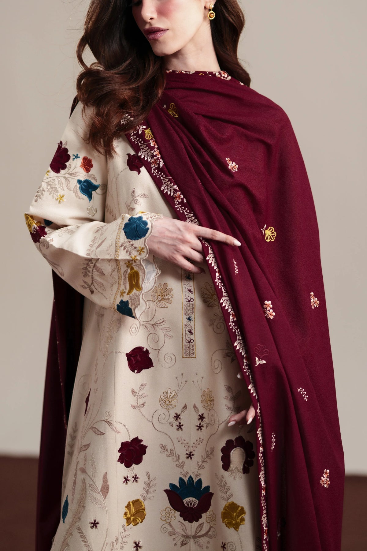 ZAIB-3PC DHANAK EMBROIDERED SHIRT WITH DHANAK EMBROIDERED SHAWL AND TROUSER-SJ-888