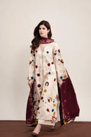 ZAIB-3PC DHANAK EMBROIDERED SHIRT WITH DHANAK EMBROIDERED SHAWL AND TROUSER-SJ-888