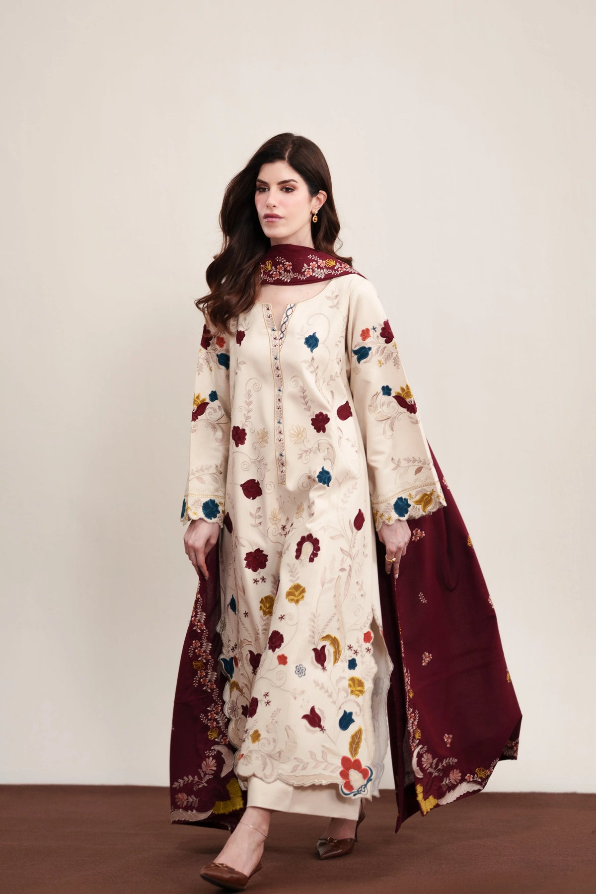 ZAIB-3PC DHANAK EMBROIDERED SHIRT WITH DHANAK EMBROIDERED SHAWL AND TROUSER-SJ-888