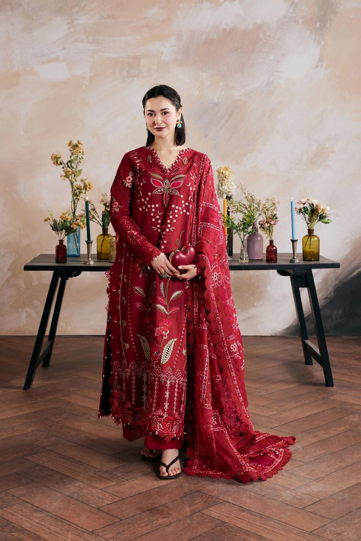 MARYAM HUSSAIN-3PC DHANAK HEAVY EMBROIDERED SHIRT WITH CUTWORK DUPATTA SJ-563
