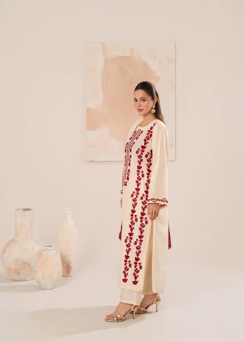 IZEL-2PC DHANAK FLORAL EMBROIDERED SHIRT WITH SLEEVES EMB SJ-5938