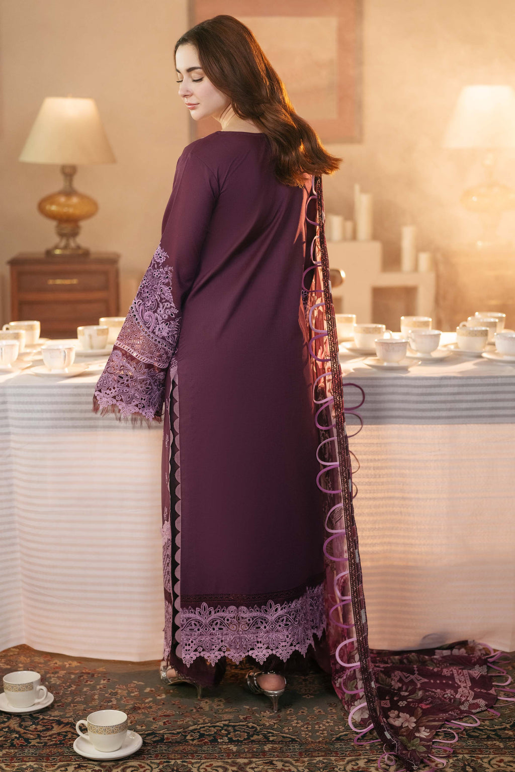 '-3PC DHANAK SEQUENCE EMBROIDERED SHIRT WITH COUTRAI PRINTED SHAWL & DHANAK TOUSER-BIC- 671