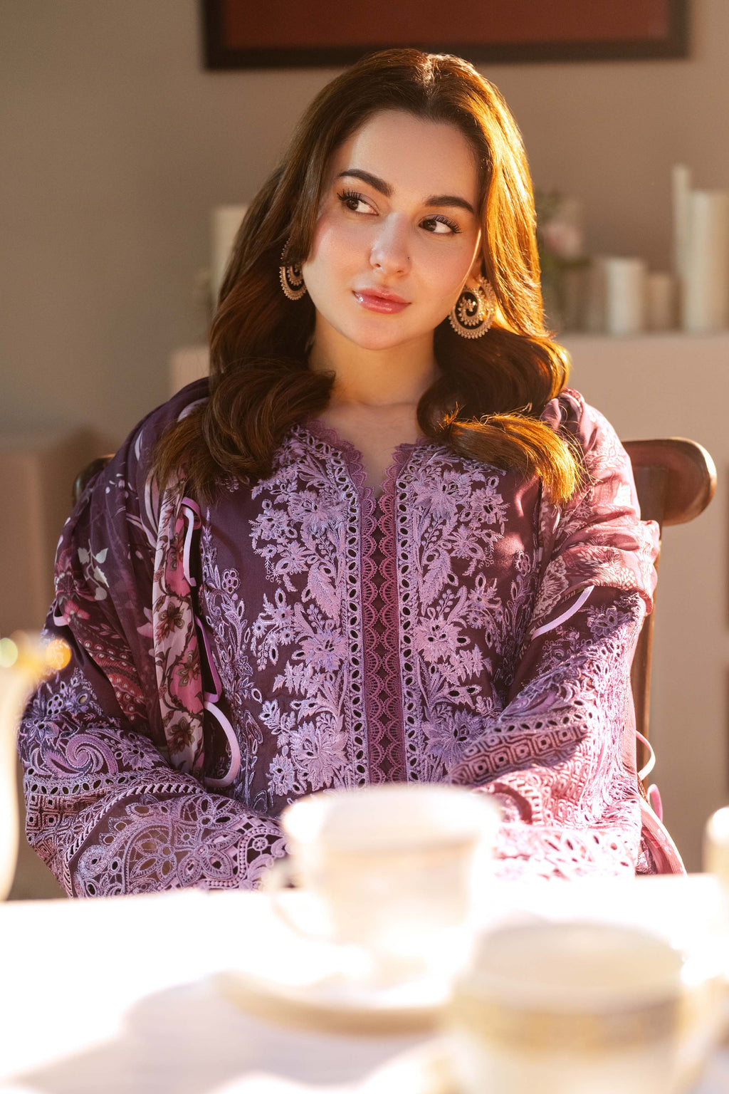 '-3PC DHANAK SEQUENCE EMBROIDERED SHIRT WITH COUTRAI PRINTED SHAWL & DHANAK TOUSER-BIC- 671