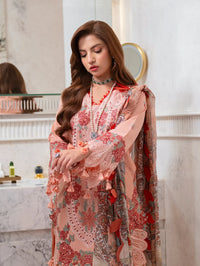 DANANEER IN JADE'S PEACH-3PC DHANAK EMBROIDERED SHIRT WITH WOOL PRINTED SHAWL WITH EMB TROUSER-SJ-5890