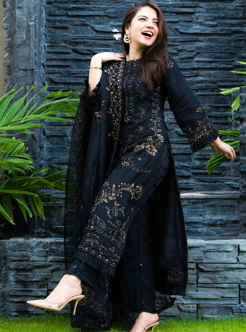 UNSTITCH 3 Piece Embroidered Lawn Shirt with Embroidered Organza Duppata 1020