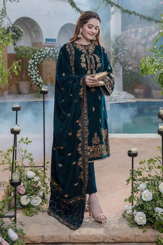 VELVET 3PC EMBROIDERED WITH VELVET EMBROIDERED DUPATTA - 265 - Back