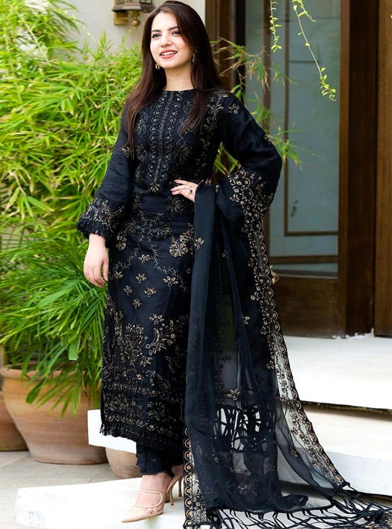 UNSTITCH 3 Piece Embroidered Lawn Shirt with Embroidered Organza Duppata 1020