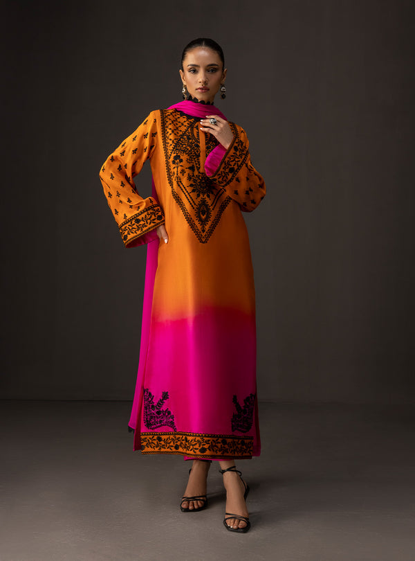 '- 3 Piece Unstitched Embroidered and Printed SIlk Suit 228