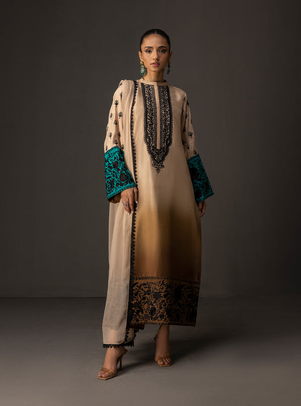 '- 3 Piece Unstitched Embroidered and Printed SIlk Suit 229