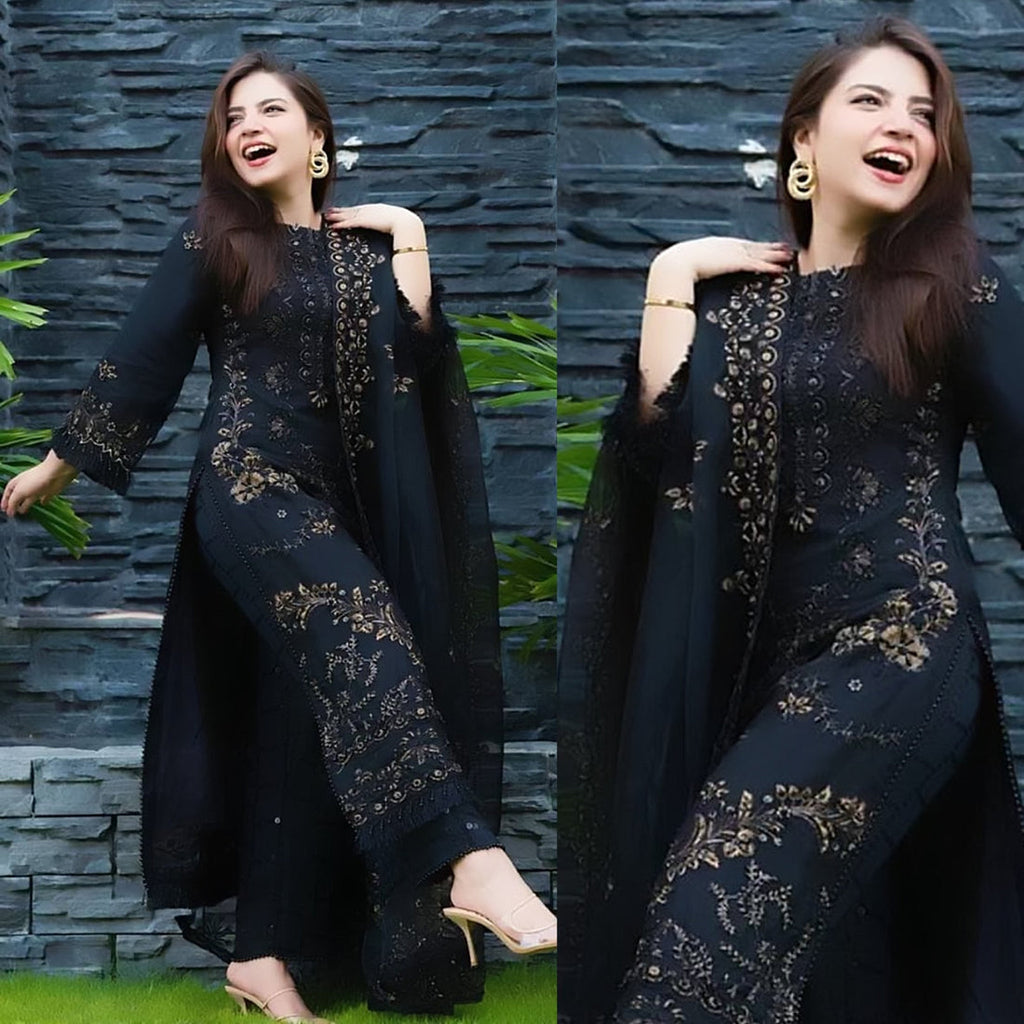 UNSTITCH 3 Piece Embroidered Lawn Shirt with Embroidered Organza Duppata 1020