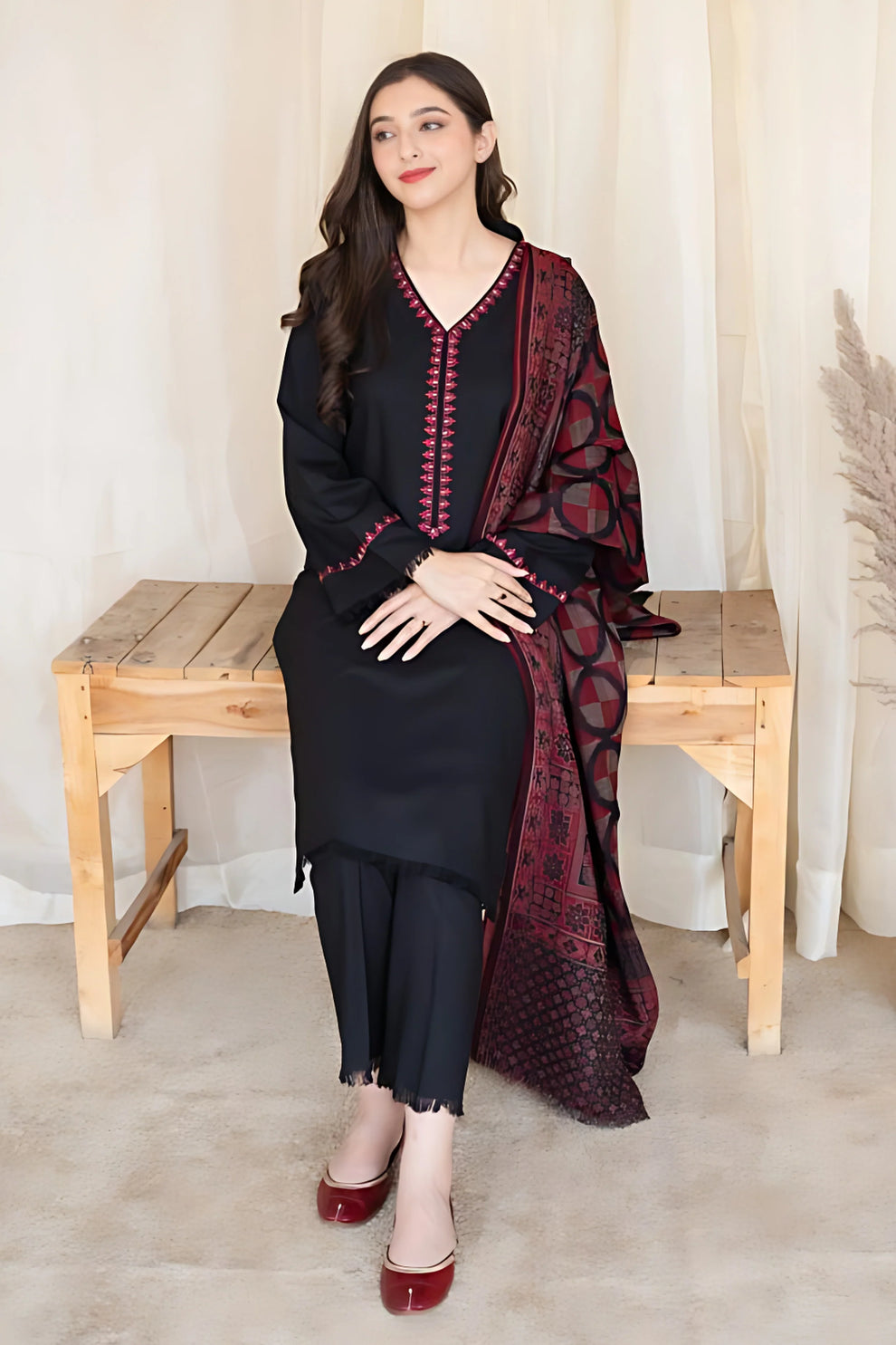 3 Piece Dhanak Shirt with Printed Wool Shawl bc 835