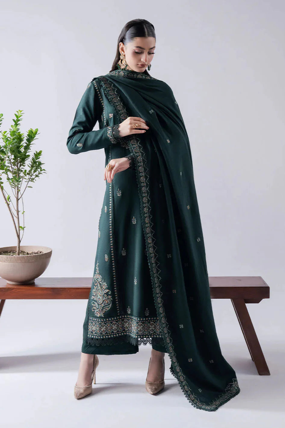 '-3PC DHANAK EMBROIDERED SHIRT WITH DHANAK EMBROIDERED SHAWL & TROUSER-BIC- 670