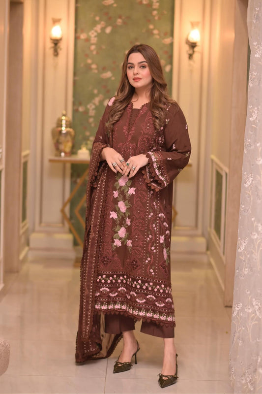 Aneela's 3PC - Lawn Unstitched Embroidered Collection With Khaddi Net Dupatta - 704