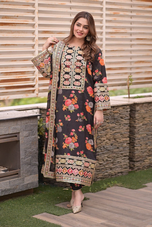 Luxury Silk 3 Piece Unstitched Black - 263