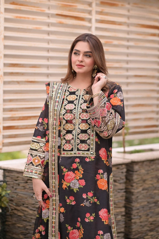 Luxury Silk 3 Piece Unstitched Black - 263 - Back
