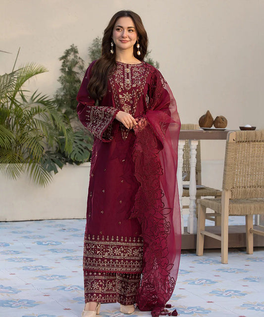 3PC Lawn Embroidered Shirt with Organza Embroidered Dupatta - 1351