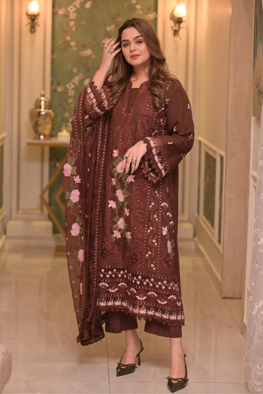 Aneela's 3PC - Lawn Unstitched Embroidered Collection With Khaddi Net Dupatta - 704