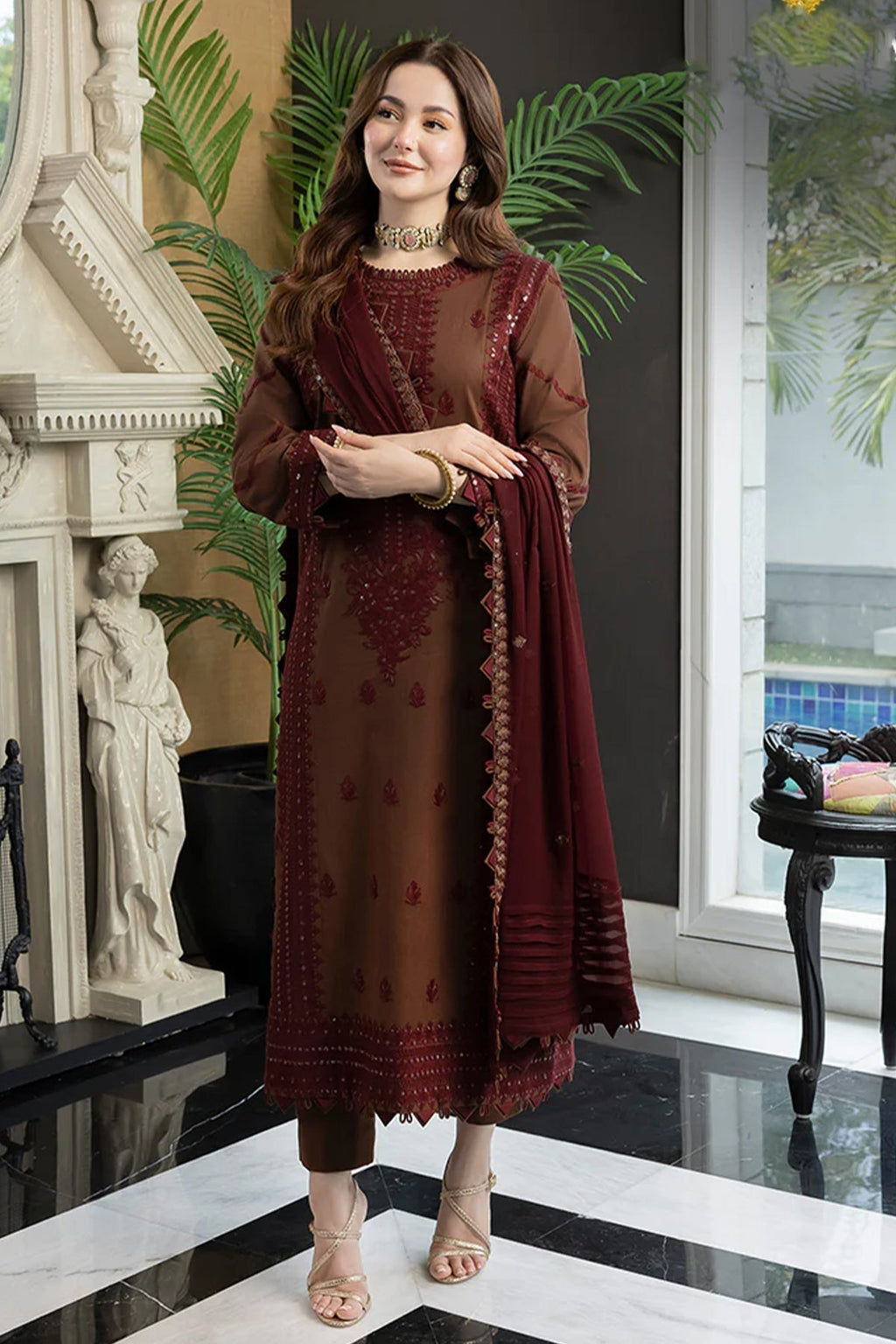 UNSTITCH 3PC LAWN EMBROIDERED SHIRT WITH CHIFFON EMBROIDERED DUPATTA AND TROUSER - 1025