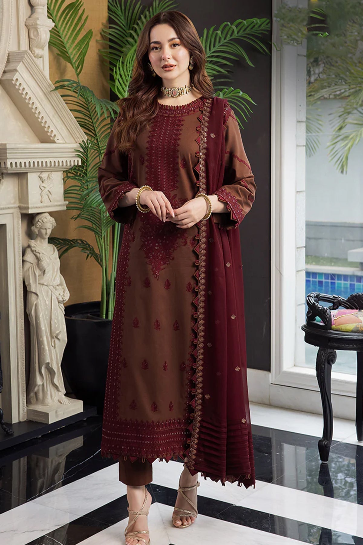 UNSTITCH 3PC LAWN EMBROIDERED SHIRT WITH CHIFFON EMBROIDERED DUPATTA AND TROUSER - 1025
