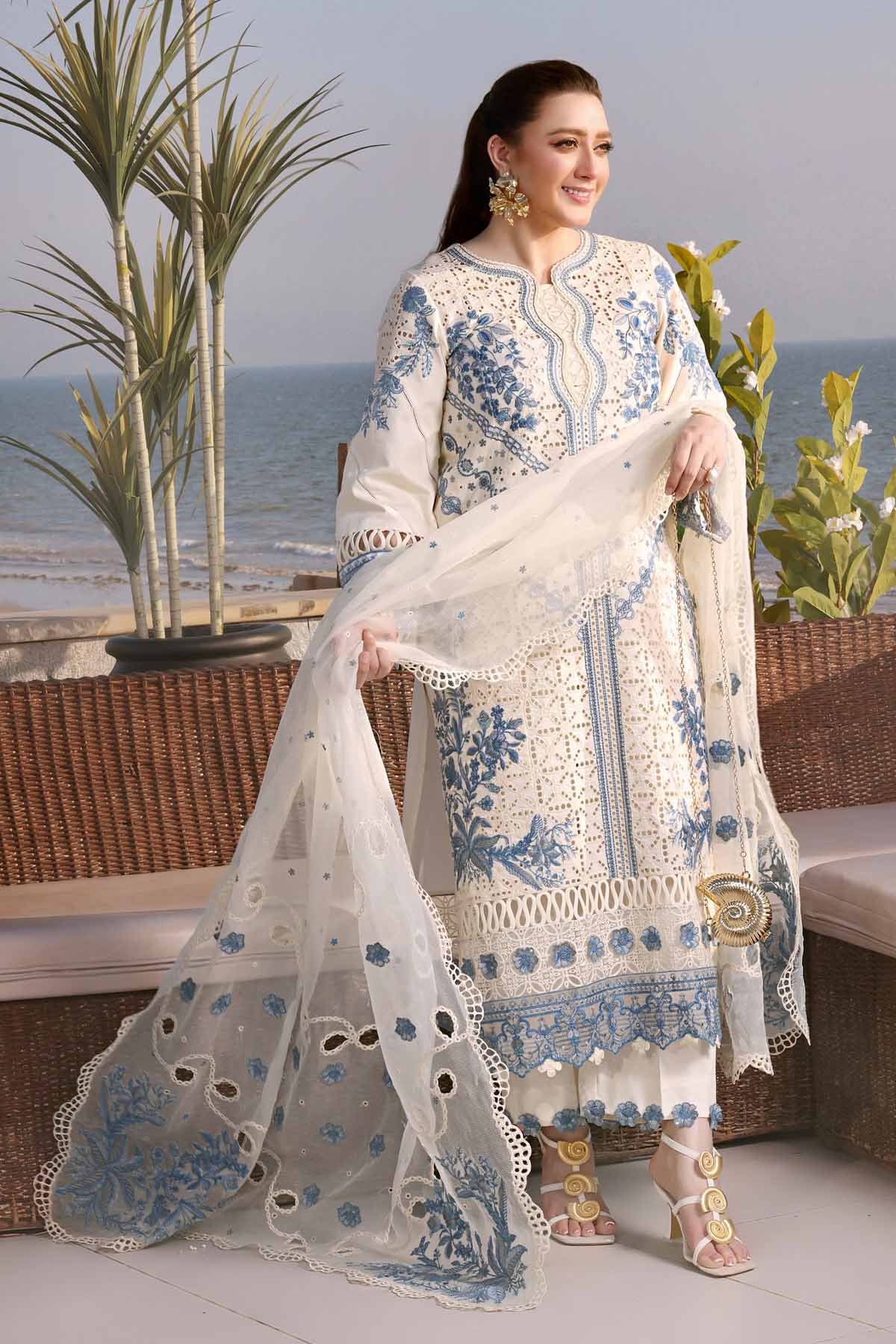 ANEELAS-3PC LAWN EMBROIDERED SHIRT WITH ORGANZA EMBROIDERED DUPATTA AND TROUSER-B-102