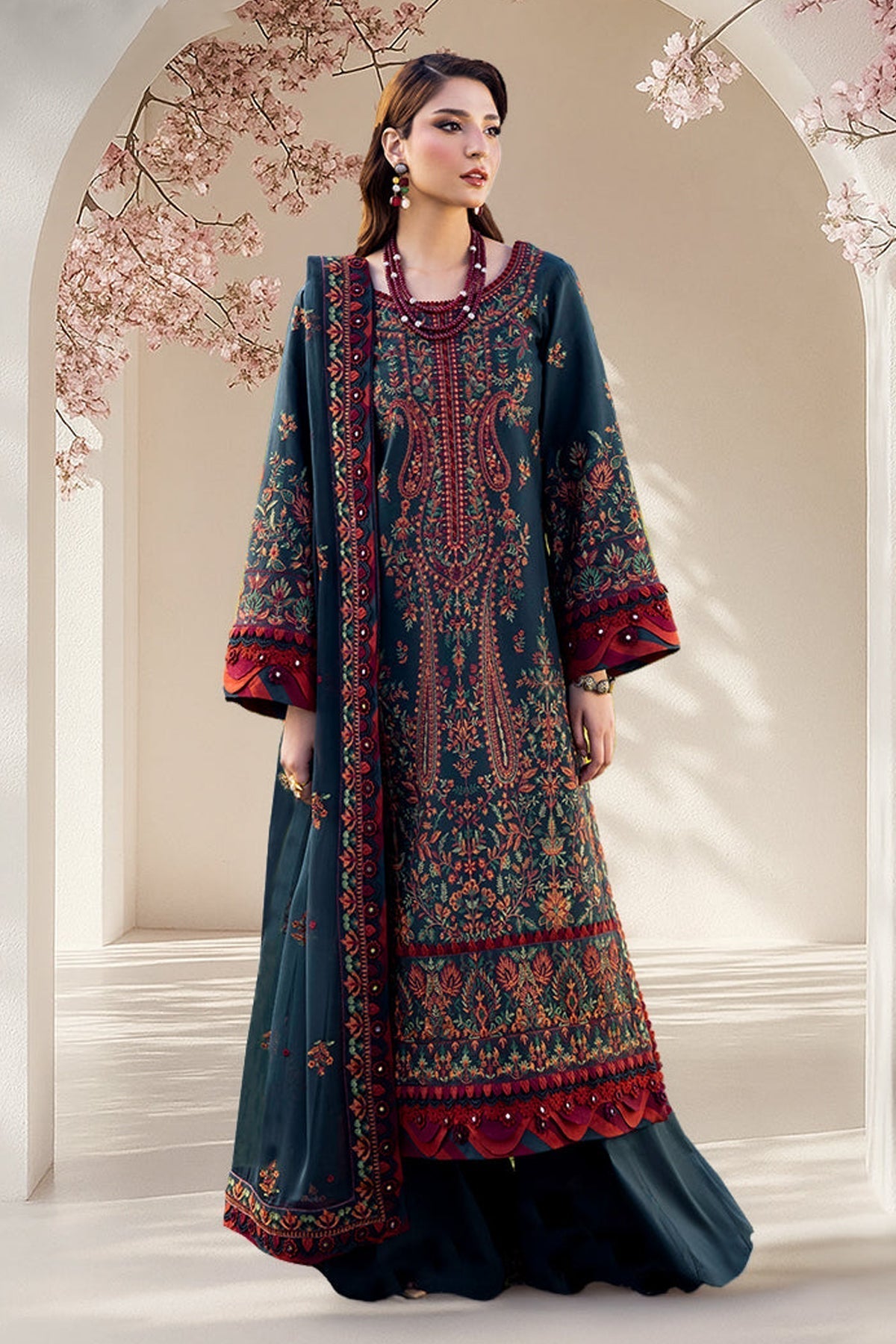 '-3PC DHANAK EMBROIDERED SHIRT WITH DHANAK EMBROIDERED SHAWL AND TROUSER - 677