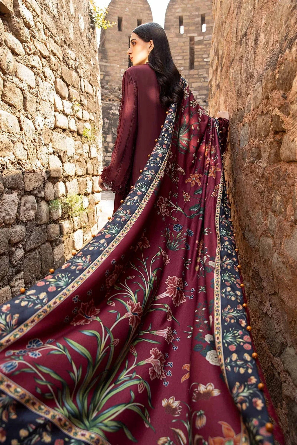 '- 3PC DHANAK EMBROIDERED SHIRT WITH TWILL PRINTED SHAWL  - 213