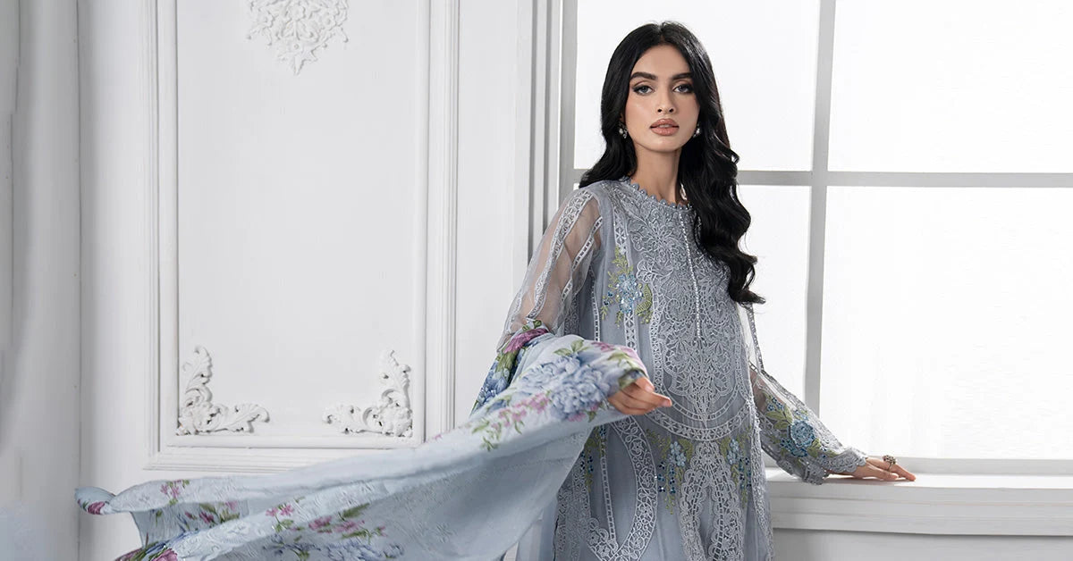 MARIA.B LUXURY HEAVY CHIKANKARI EMBROIDERED SHIRT WITH WOOL PRINTED SHWAL WITH EMB TROUSER 3PC SJ-1058
