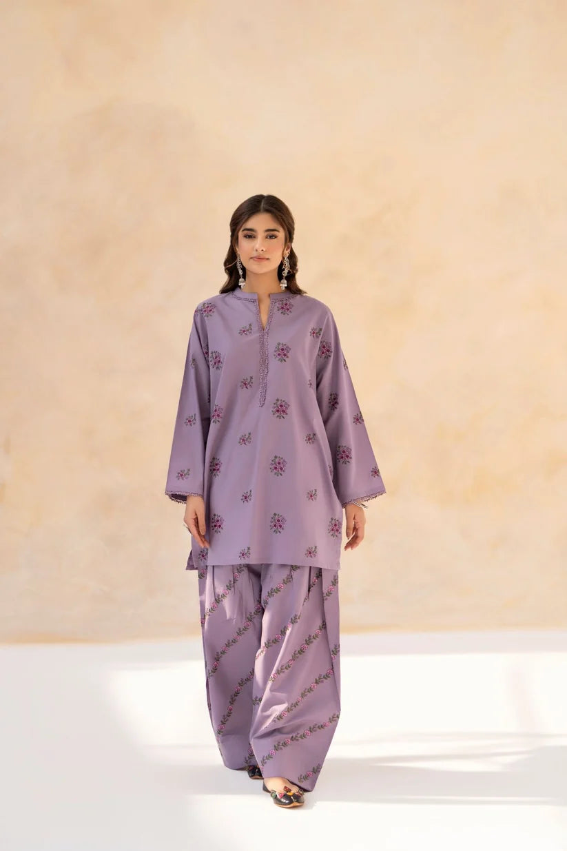 LAZULI-2PC LILAC EMBROIDERED DHANAK SHORT SHIRT PAIRED WITH A FLOWING FARSHI SHALWAR SJ-5934