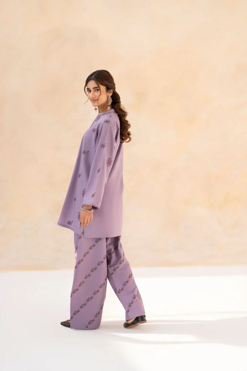 LAZULI-2PC LILAC EMBROIDERED DHANAK SHORT SHIRT PAIRED WITH A FLOWING FARSHI SHALWAR SJ-5934