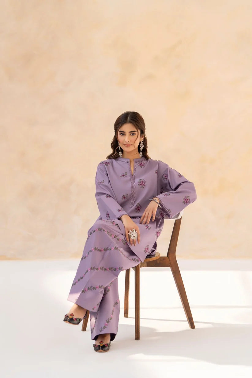 LAZULI-2PC LILAC EMBROIDERED DHANAK SHORT SHIRT PAIRED WITH A FLOWING FARSHI SHALWAR SJ-5934