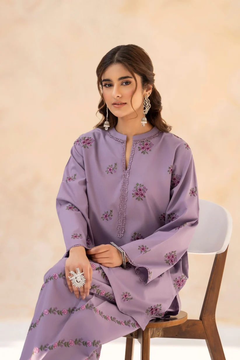 LAZULI-2PC LILAC EMBROIDERED DHANAK SHORT SHIRT PAIRED WITH A FLOWING FARSHI SHALWAR SJ-5934
