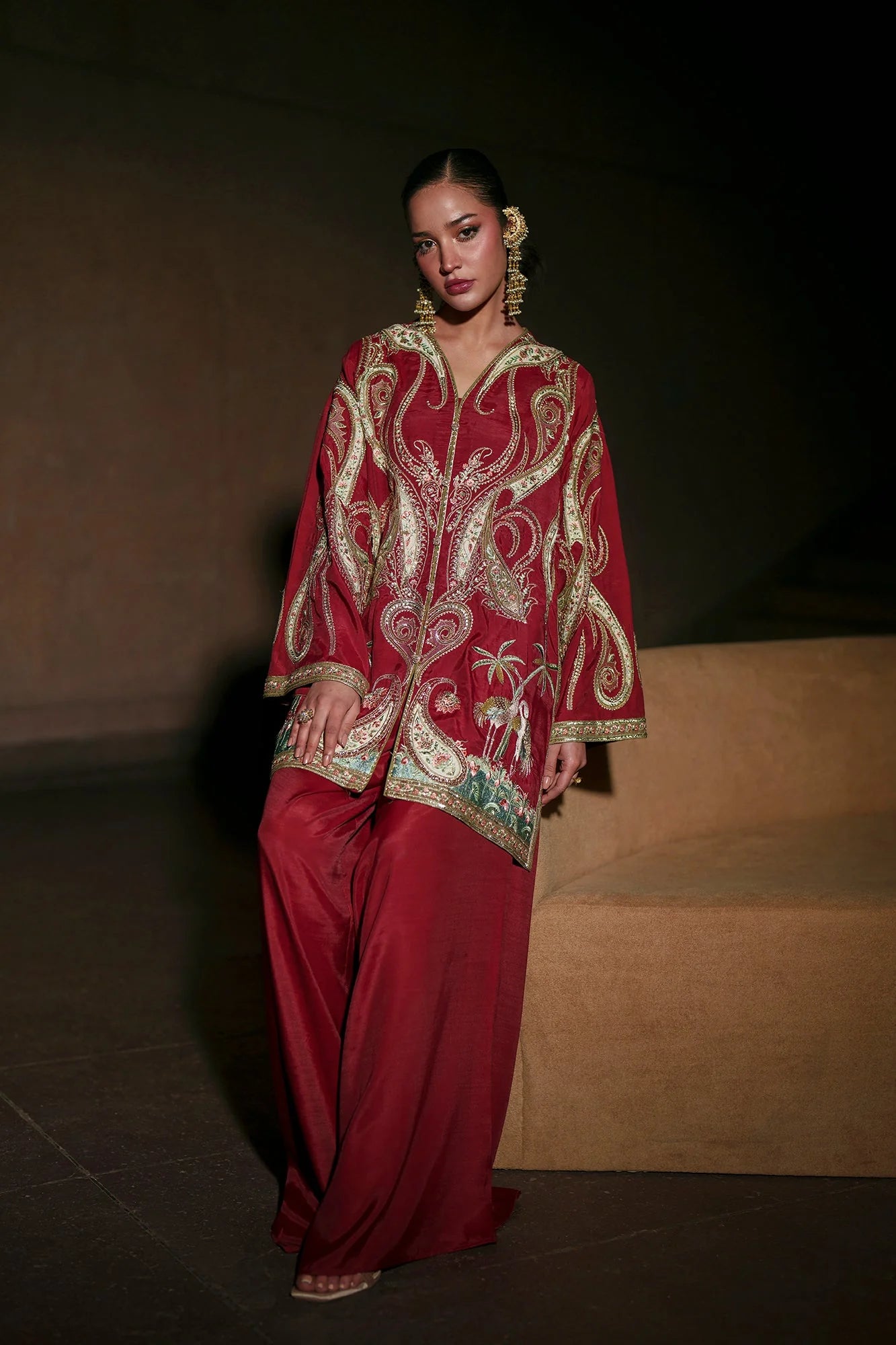 ETHNIC-3PC SILK LUXURY EMBROIDERED SHIRT WITH PRINTED DUPATTA WITH EMB TROUSER-SJ-5634