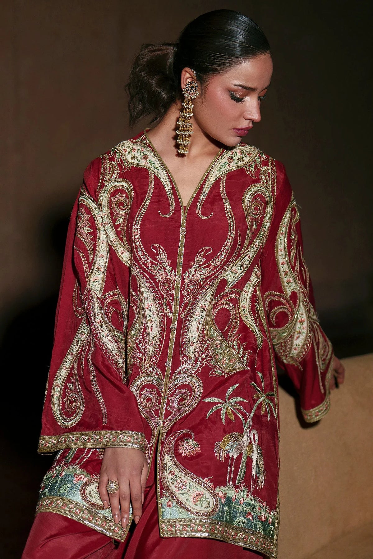 ETHNIC-3PC SILK LUXURY EMBROIDERED SHIRT WITH PRINTED DUPATTA WITH EMB TROUSER-SJ-5634