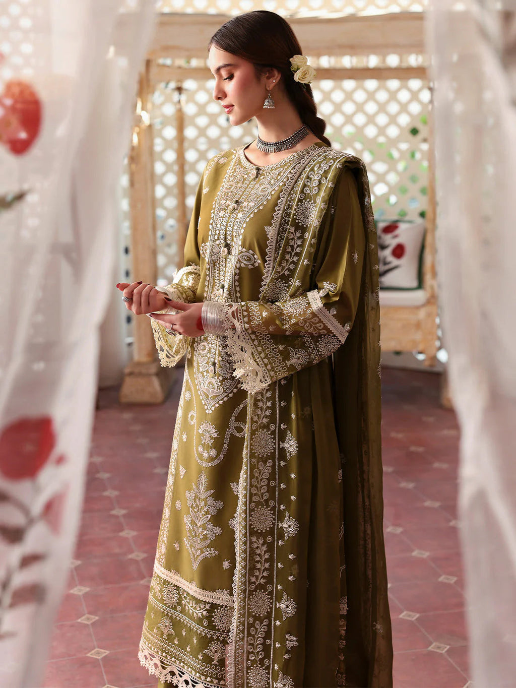 '- 3PC DHANAK EMBROIDERED SHIRT WITH DHANAK EMBROIDERED SHAWL AND TROUSER - MR 590