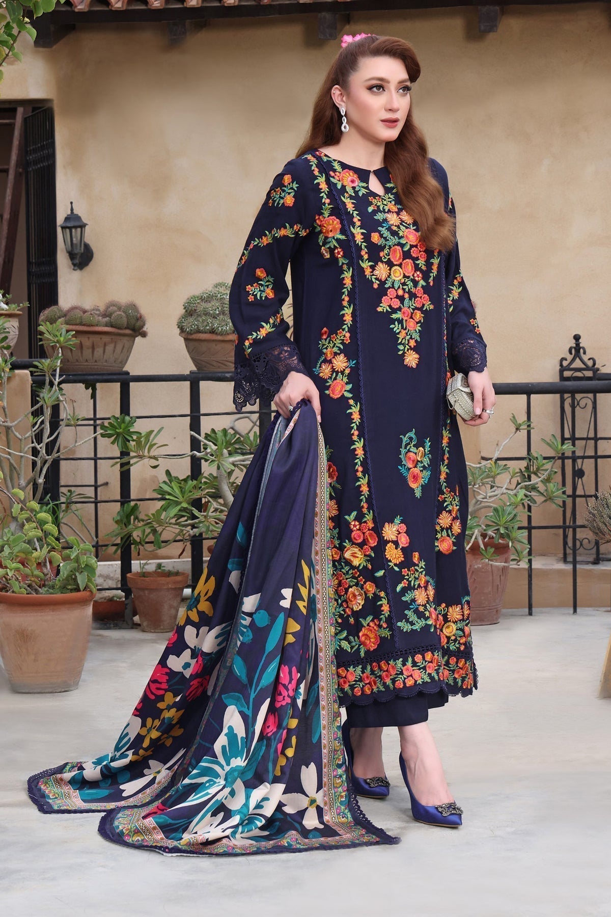 3PC Lawn EMBROIDERED SHIRT WITH COURTRAI PRINTED Dupatta & TROUSER  L 676