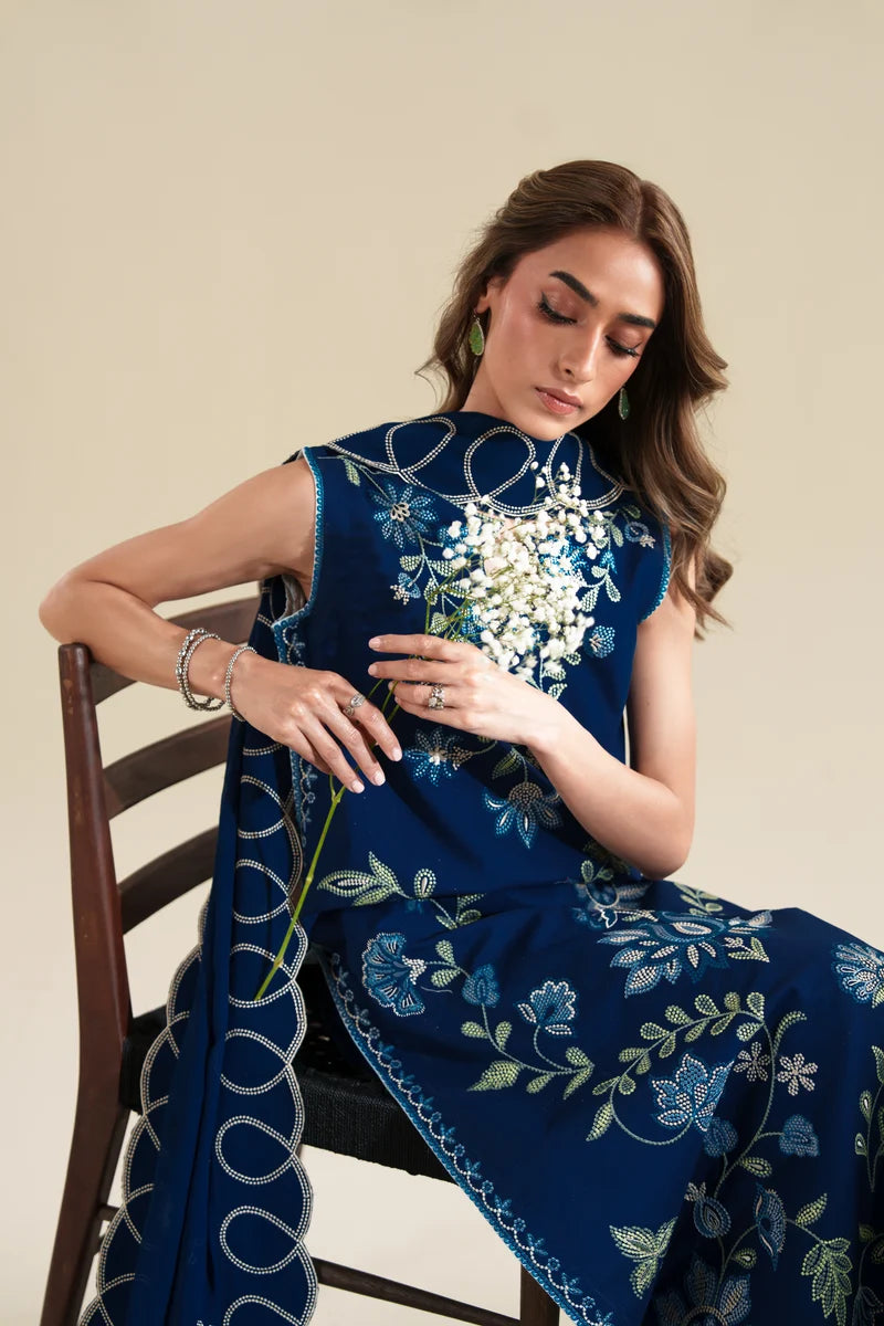 ZAIB-3PC DHANAK EMBROIDERED SHIRT WITH DHANAK EMB DUPATTA AND EMB TROUSER-SJ-4917