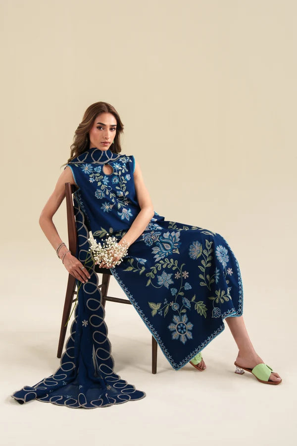ZAIB-3PC DHANAK EMBROIDERED SHIRT WITH DHANAK EMB DUPATTA AND EMB TROUSER-SJ-4917