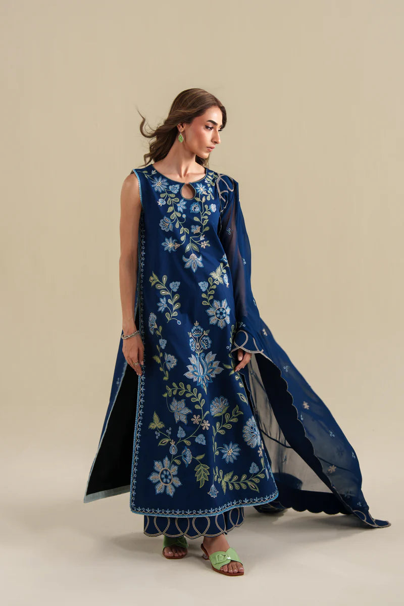 ZAIB-3PC DHANAK EMBROIDERED SHIRT WITH DHANAK EMB DUPATTA AND EMB TROUSER-SJ-4917
