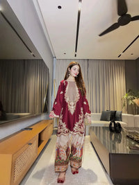 ETHNIC-2PC SILK EMBROIDERED SHIRT WITH PRINTED SILK TROUSER SJ-1055