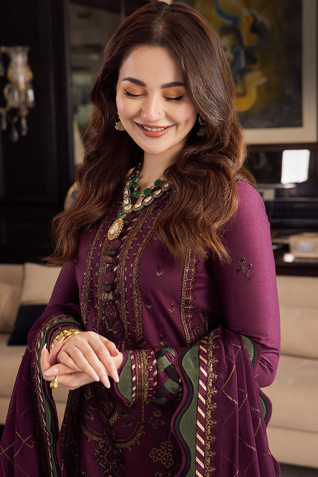 '-3PC DHANAK EMBROIDERED SHIRT WITH DHANAK EMBROIDERED SHAWL & TROUSER- 668