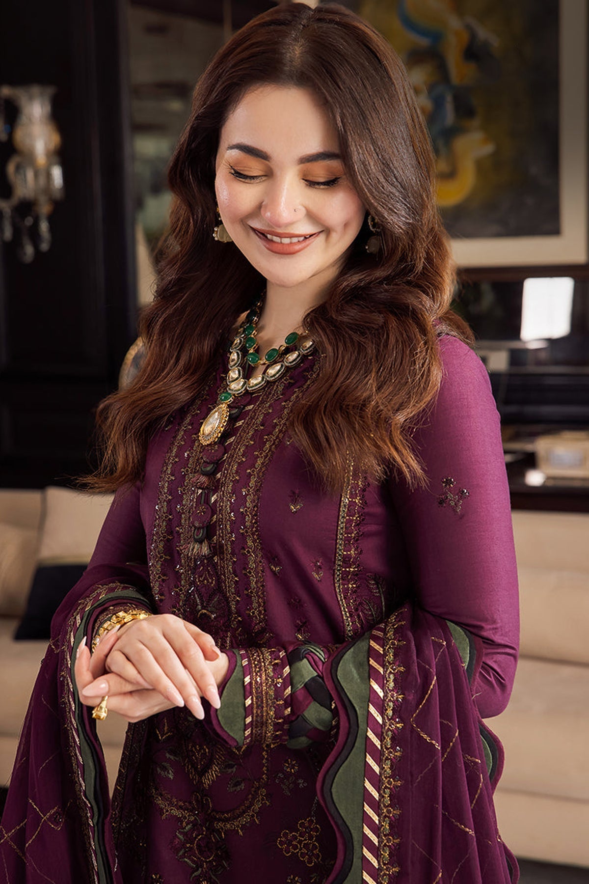 '-3PC DHANAK EMBROIDERED SHIRT WITH DHANAK EMBROIDERED SHAWL & TROUSER- 668